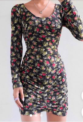 knee length dresses for ladies Sheer Panelled Ruched Mini Dress in Black - 12