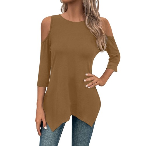 Plus Size Women 3/4 Sleeve Blouse Tunic Long Cold Shoulder Tops Casual T Shirts - Picture 21 of 40
