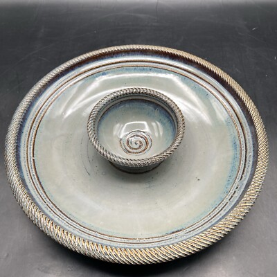 Studio Art Pottery 10  Chip And Attached Dip Bowl With Raised Grater Swirls