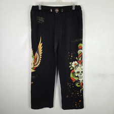 Ed Hardy Sweatpants Women Large Black Y2K Wide Leg Skull Snake Wings Streetwear