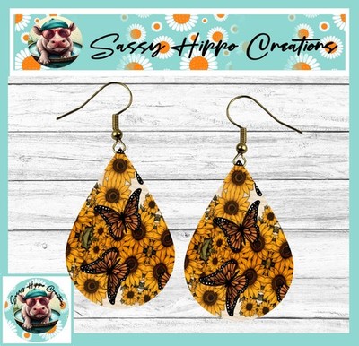 Earrings Teardrop Gold Hook Backs Monarch Butterfly Sunflower Summer MDF