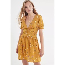 Urban Outfitters Mustard Yellow Floral V-Neck Mini Dress Small Smocked Back