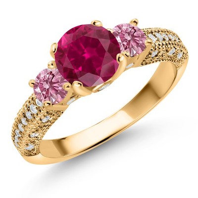 18K Yellow Gold Plated Silver Created Ruby Pink Lab Grown Diamond and White