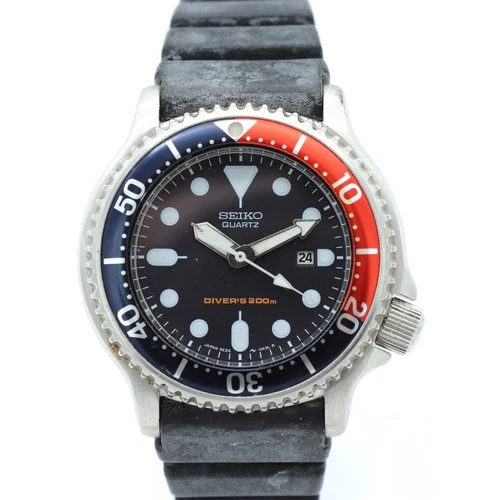Vtg Unisex Seiko "Pepsi" Diver Stainless 34.5mm Rotating Bezel Date W-89
