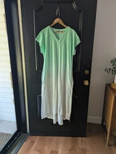 Lands End Gauzy Cotton Maxi Shift Dress Size Lg Hi Lo Hem Mint Ombre Pockets
