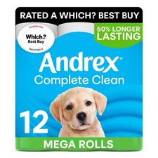 Image of Andrex Complete Clean 12 Mega Toilet Rolls= 18 Standard Toilet Rolls, 50% Longer