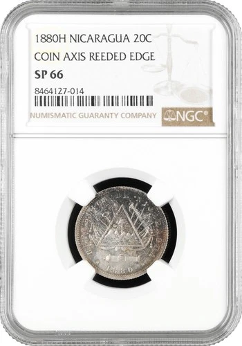 Nicaragua 20 centavos 1880 H, NGC SP66, "Coin Axis Reeded Edge" Top Pop