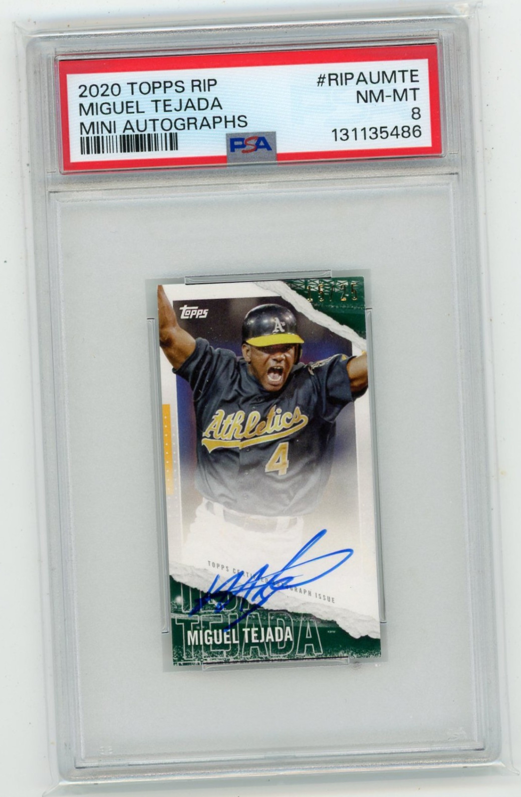 2020 Topps RIP Miguel Tejada Mini Autographs Auto #RIPAUMTE 15/25 NM-MT PSA 8