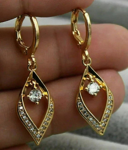 1.00 Ct Round Cut Real Moissanite Drop Dangle Earrings 14K Yellow Gold Plated - Picture 3 of 4