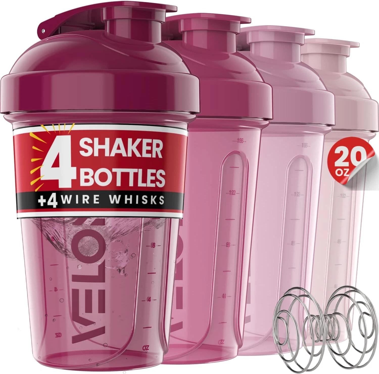 -4 PACK- 20 OZ Protein Shaker Bottle Protein Mixes 4x Wire Whisk Leak Proof