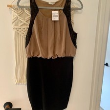 Soprano Mini Dress Womens Large Tan Black Lace Trim Pleated Blouson Cocktail