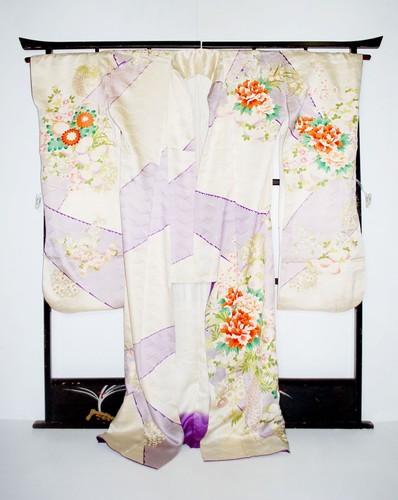 Furisode Kimono Robe XL White Silk Wedding Dress Vintage Japanese Floral F/S - Picture 3 of 15