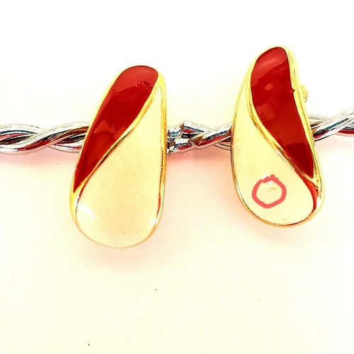 Vintage Krone Trifari Ohrclips rot weiß Emaille goldfarben geschwungen Träne - Bild 3 von 8