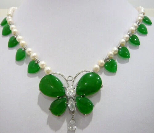 Beautiful Chicken Heart Jade Pearl Jade Butterfly woman Gift Necklace 18" - Image 3 of 3
