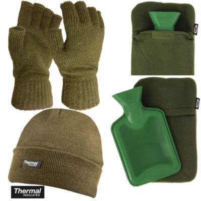 NGT Carp Fishing Compact Hot Water Bottle + Green Beanie Hat + Fingerless Gloves