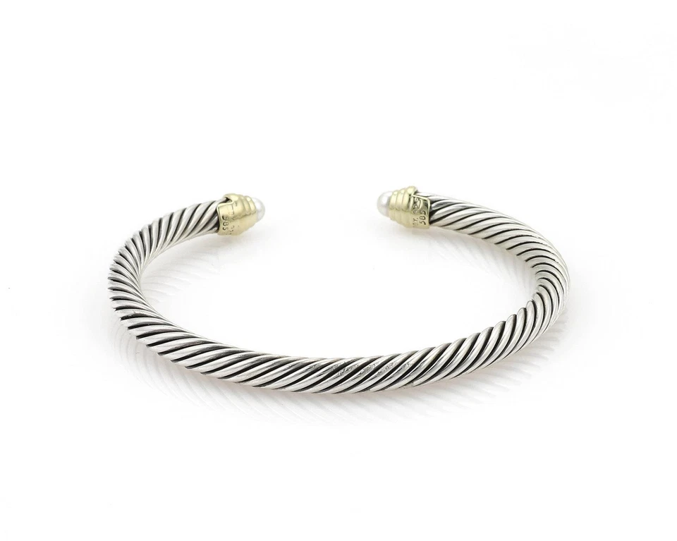 David Yurman Pearls Sterling 14k Yellow Gold Cable Cuff Bracelet - Image 3 of 4