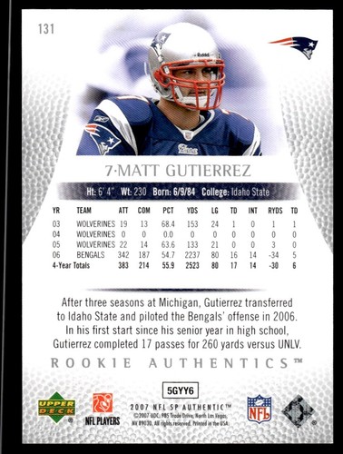 2007 SP Authentic Matt Gutierrez Rookie 0016/1399 New England Patriots #131 R23 - Picture 2 of 2