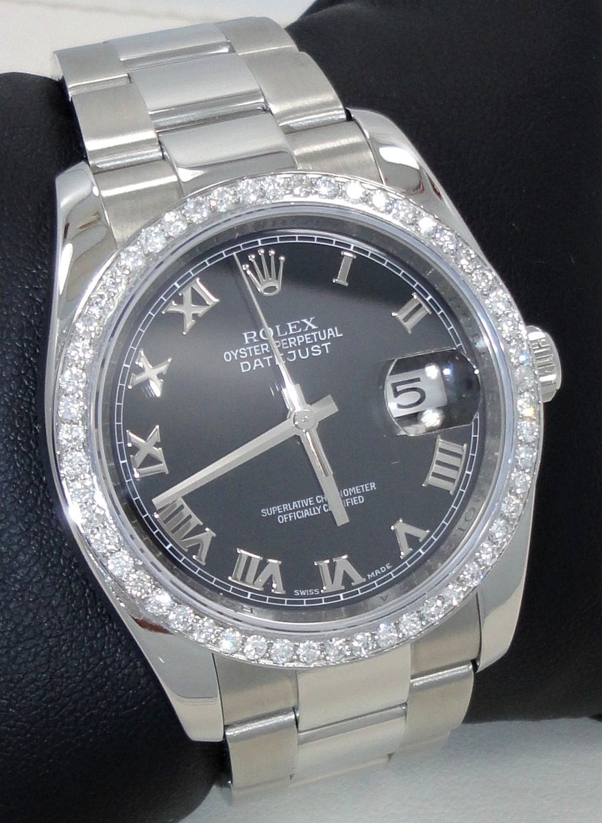 ROLEX DATEJUST 116200 Black Roman Dial 1.45CT Diamond Bezel Watch