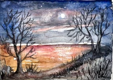 ACEO Original Full moon on the river bank with trees Watercolor 3.5" x 2.5"