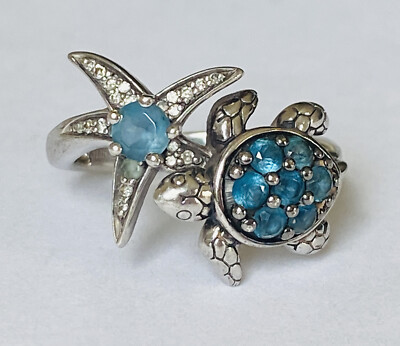 Effy Seaside Sterling Silver Blue Topaz Diamond Turtle Starfish Ring Size 