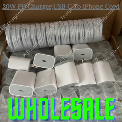 Bulk Lot For iPhone 14 13 11 20W Power Adapter USB Type-C Fast Charger PD Cable