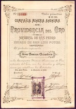 Mexico Providencia Del Oro Mining 1893 San Luis Potosi Mexico Stock Certificate