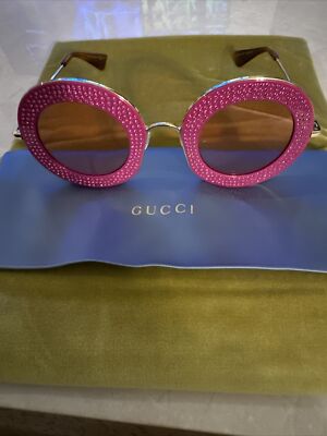 ❤️ Authentic Gucci Gold Steel with Pink Crystals Sunglasses GUCCI 1936 Gg1936S Gold Pink Crystal Logo Unisex Metal Mask  main image 3