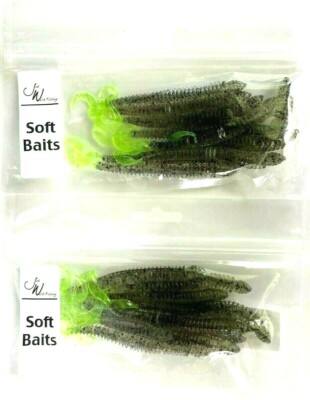 2 PACKS Jed Welsh 4'' Ribbed Curly Tail Worm Smoke Pepper Chart Glitter Tail 10ct
