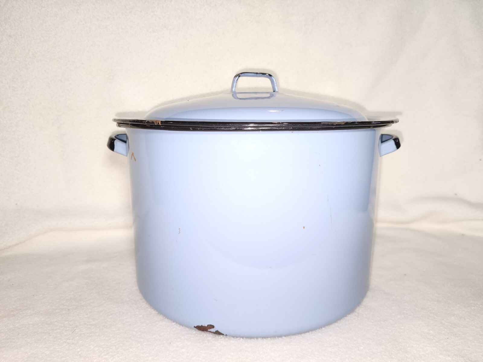 Vintage Large Enamelware Stock Pot w/ Lid Blue and Black Trim CHIPPED