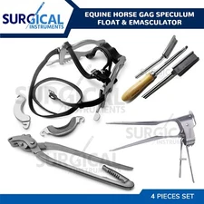 4 Pcs Equine Horse Speculum Mouth Gag Set of Floats & Emasculator German Grade