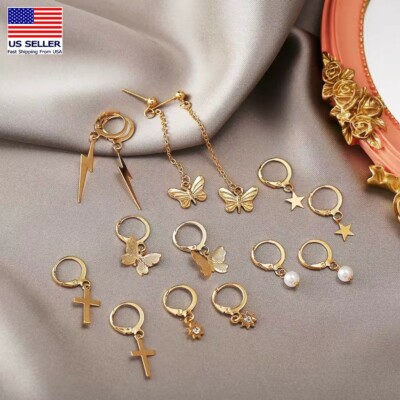 Women Retro Boho Earrings Butterfly Pearls Cross Lightning 7Pair Value Stud 0505