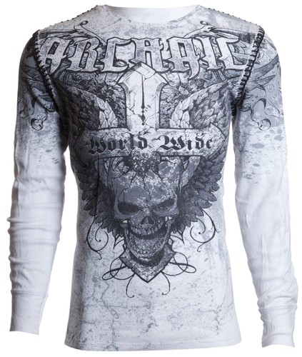 Archaic by Affliction Men's Thermal Shirt WORLD WIDE Skull Biker White - Picture 9 of 9