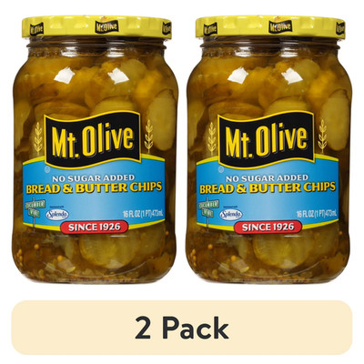 (2 pack) Mt. Olive No Sugar Added Bread & Butter Pickle Chips, 16 fl oz Jar..