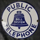 Vintage 7” Round Bell System Public Telephone Sign   Porcelain