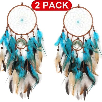2PCS Tree of Life Dream Catcher Feathers Traditional Handmade Indians Blue Craft