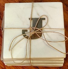 Set Of 4 White Marble Coasters Initial J Copp...
