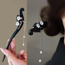 Wooden Chinese Style Flower Tassel Hair Stick with Pearl Pendant Hairpin