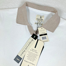 NEW Scott James White Tan Trim Fine Gauge Soft Polyester Mens Large Polo Shirt