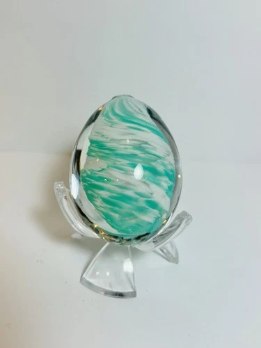 Beautiful HTF Blenko Glass Egg With Teal And White Frit