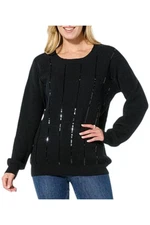 Nina Leonard Women's Sequin-Accented Ribbed Knit Sweater Tunic Black