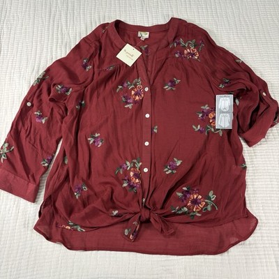 Fig and Flower Anthropologie Top Womens 3X Plus Red Embroidered Floral Roll Tab