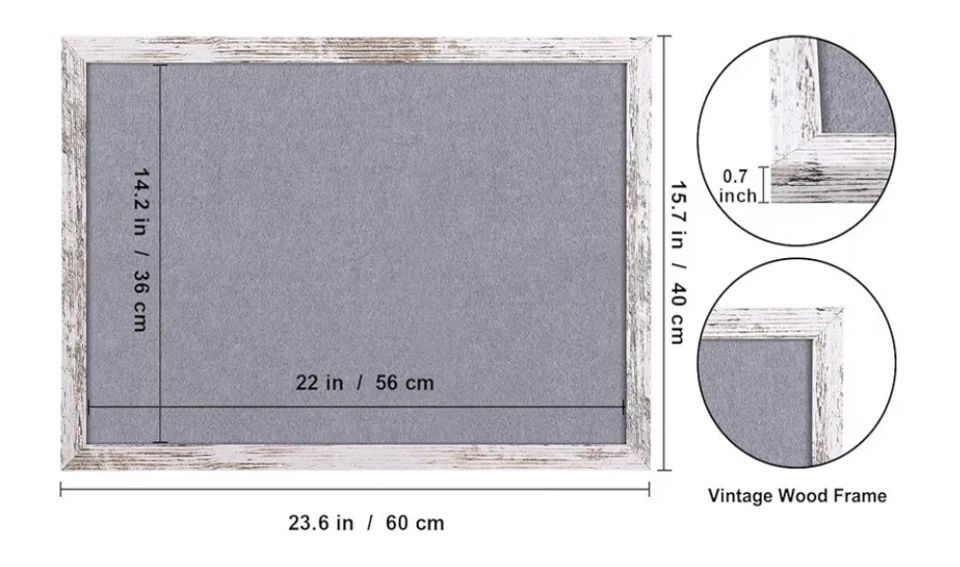 Gray Felt Cork Bulletin Board White Rustic Wood Frame Pin Board Vision Board - Image 3 of 4