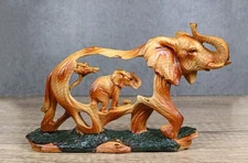 Faux Wood Elephant Family Migration Elephant Walking With Baby Calf Statue 7"L