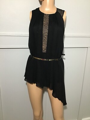 Vintage Halston Heritage Black Chiffon Blouse Tunic Asymmetric Hem Belt Small