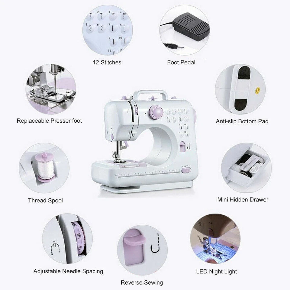 Mini Electric Sewing Machine Portable Overlock 2 Speeds Foot Pedal 12 Stitches - Image 4 of 4