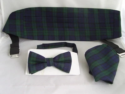 ESSENTIALS BY MANUEL Tartan-Black Watch Mens 3pc Bow Tie Set With Extra Large Cummerbund + Free Hanky