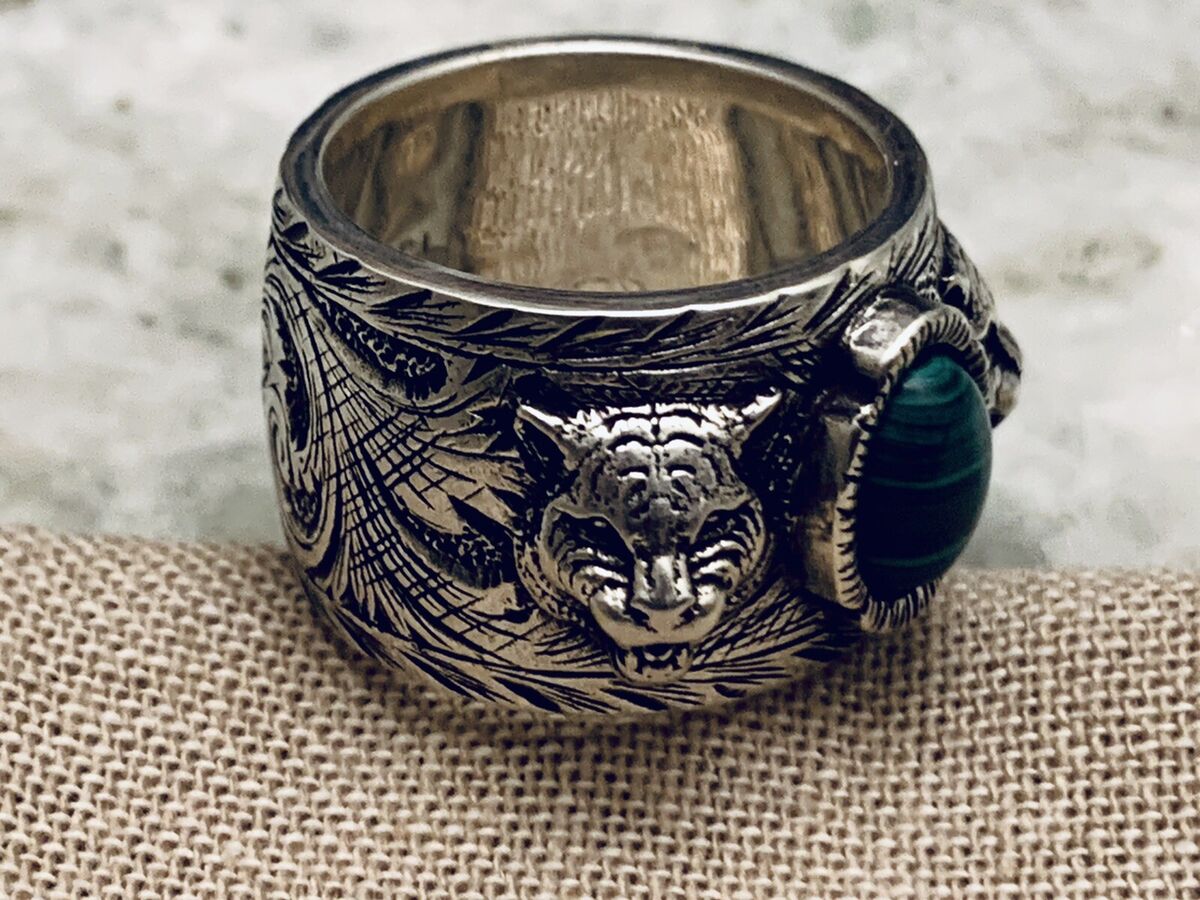 GUCCI Garden Tiger Head Ring 925 Sterling Silver Green Stone GUCCI Garden Tiger Head Ring 925 Sterling Silver Green Stone