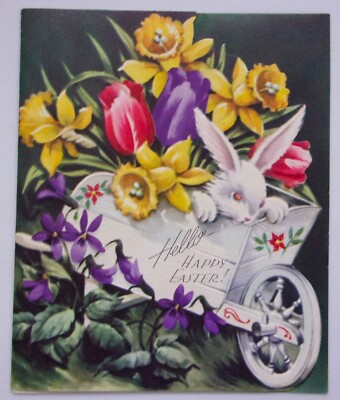 Vintage The Pollyanna Line Bunny In Flower Cart Hello Happy Easter Card 1950s