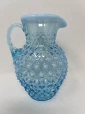 Vintage Fenton Glass Blue Opalescent Hobnail Syrup Pitcher - 5.5" Tall