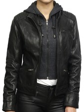 Women Hooded Real Soft Leather Short Biker Jacket Roxanne Distress Black Vintage